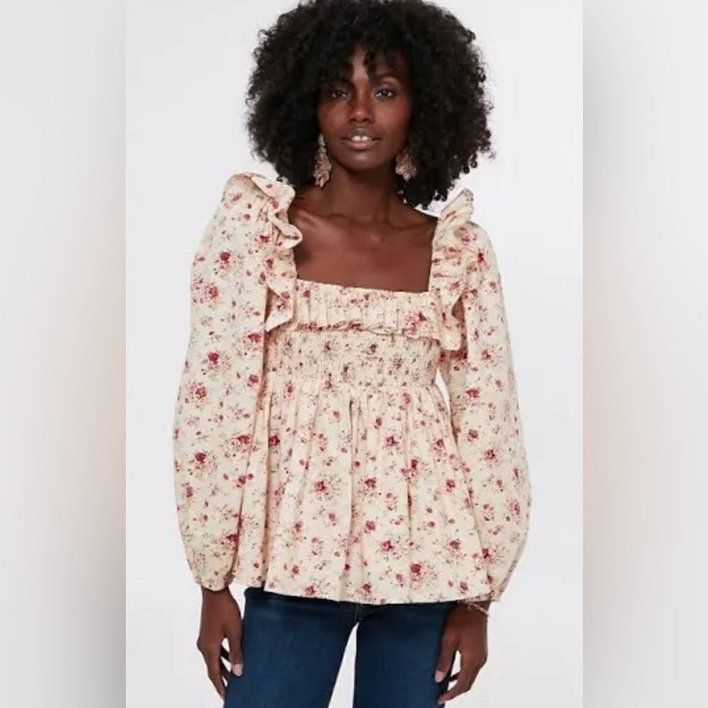 Tuckernuck Hyacinth House Cream Floral Ruffle Sleeve Addison Blouse